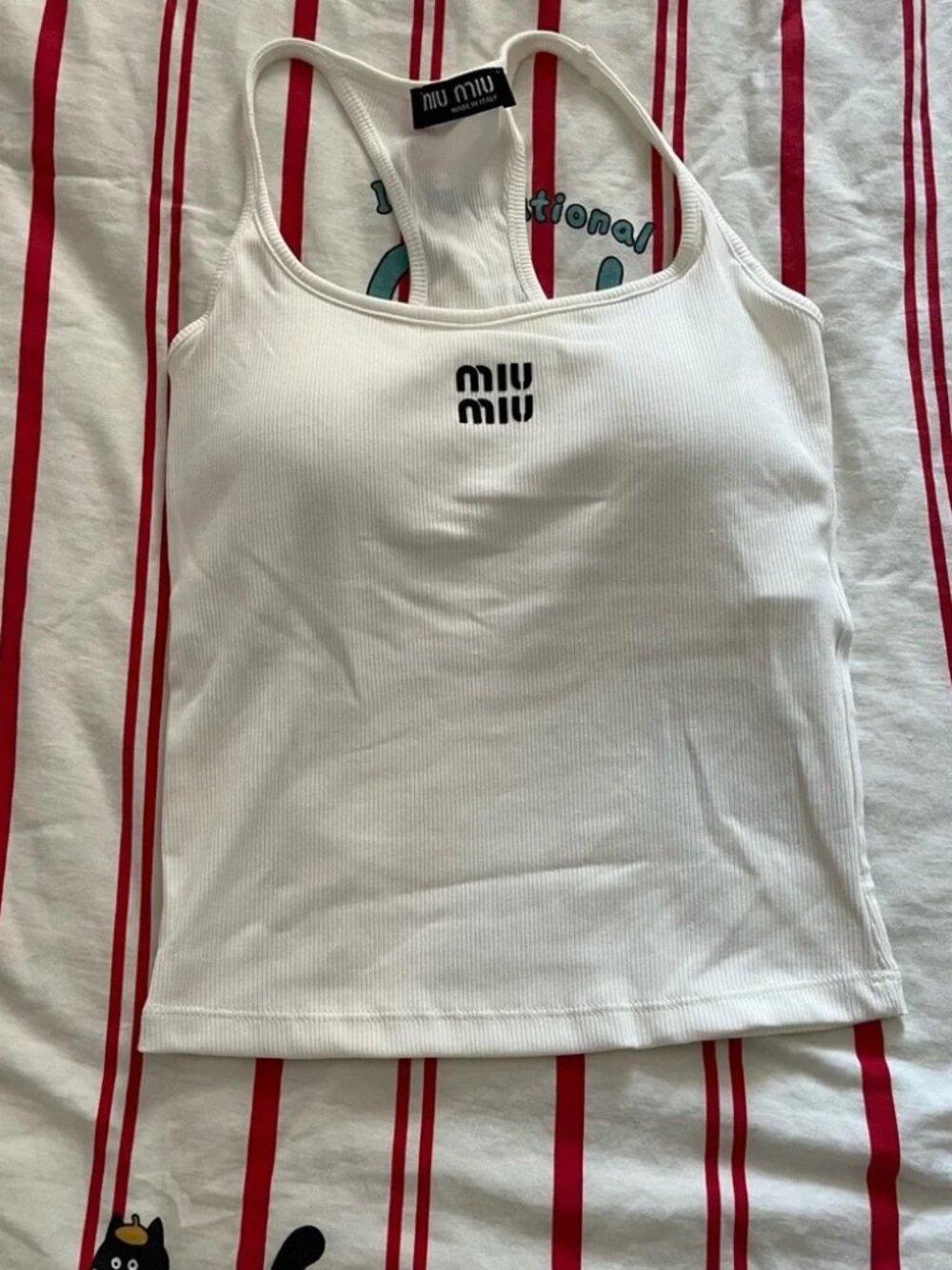 Miu Miu White Ribbed Racerback Tank Top Black Logo Slim Cropped Camisole
